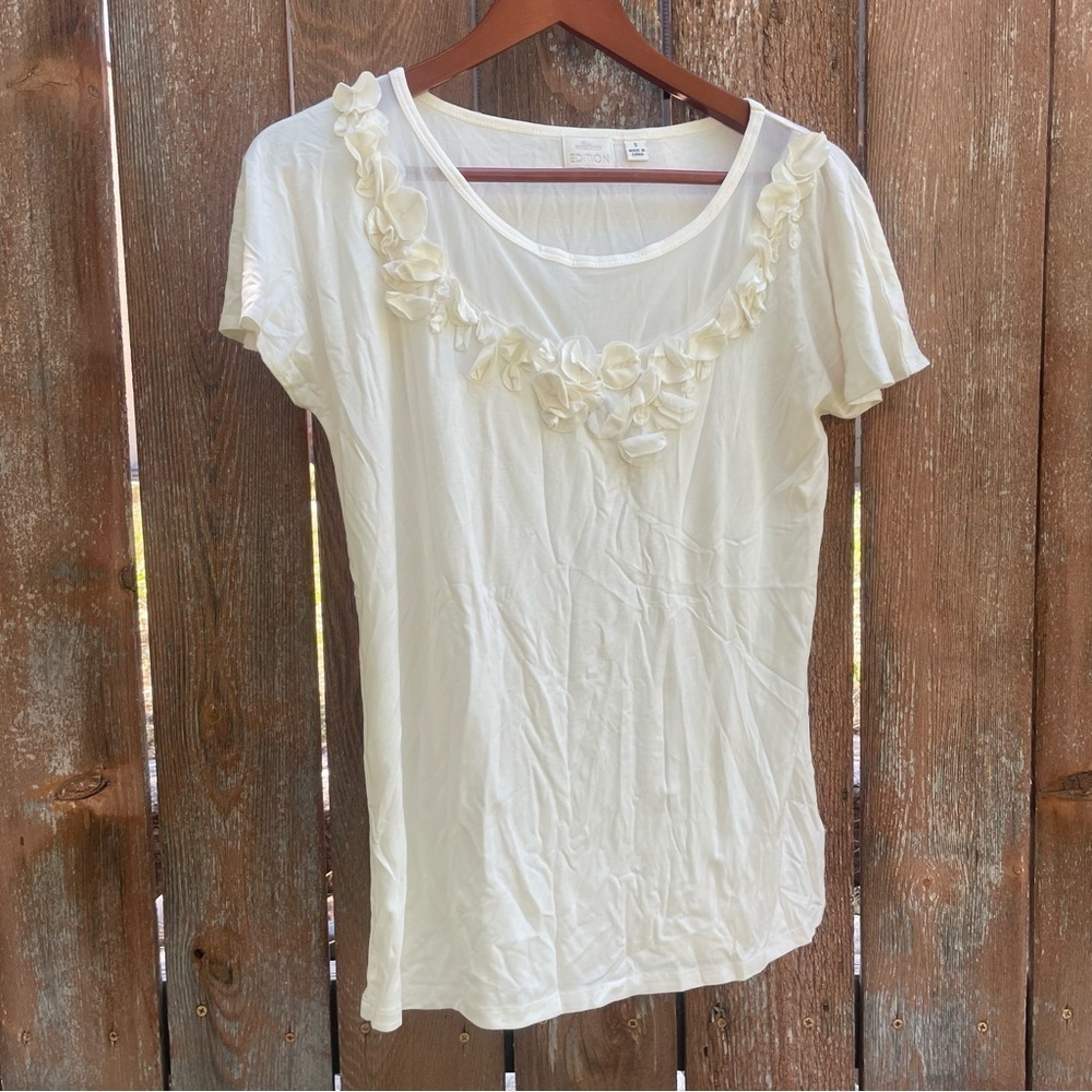 ERIN FETHERSTON Women’s Cream Circle Applique Ruffle Sleeve Dressy Shirt Small